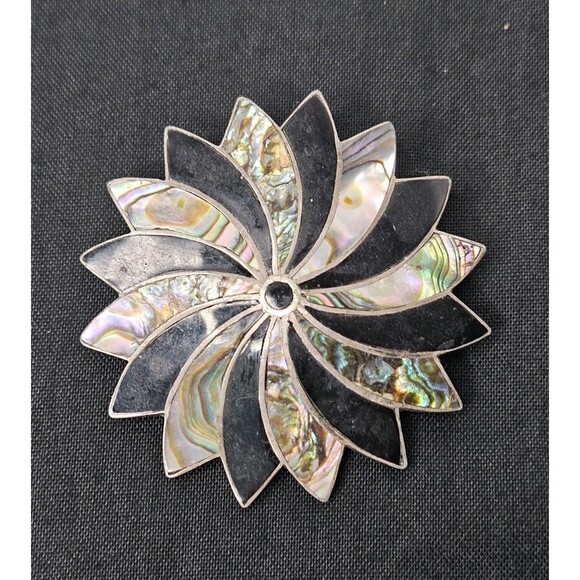 Jewelry - VTG Vintage Inlay Sterling 925 Abalone Black Onyx Pinwheel Flower Pin Brooch